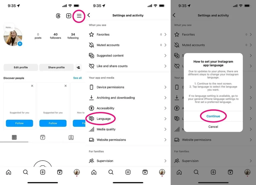 تغییر زبان اینستاگرام در اندروید به فارسی
